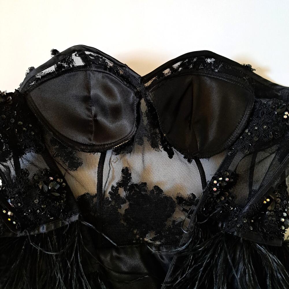 Cinderella Black Feather Corset Mini Dress Strapless Beaded Prom Size 4 Cocktail - Picture 15 of 16